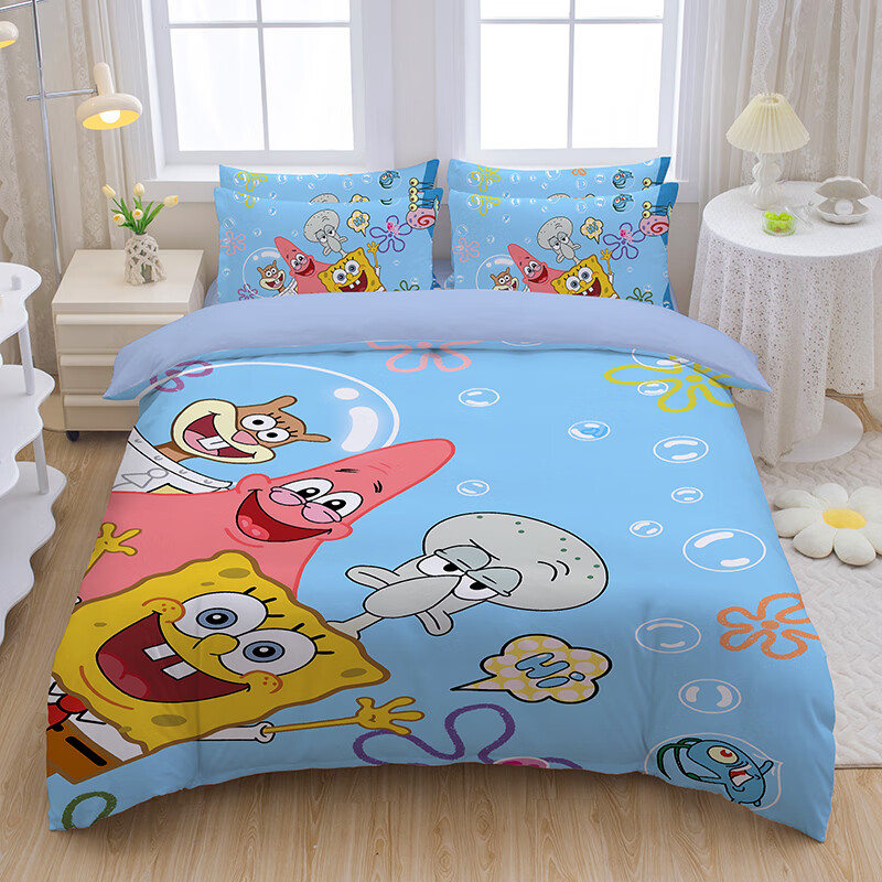 oloey儿童卡通棉质海绵宝宝床上四件套学生宿舍单人棉质被套床单三四