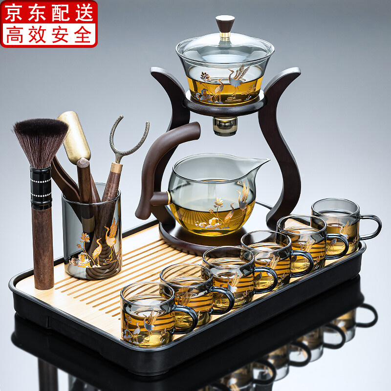 黑玻璃自动茶具套装家用透明耐热懒人磁吸出水泡茶壶贴花莲鹤功夫