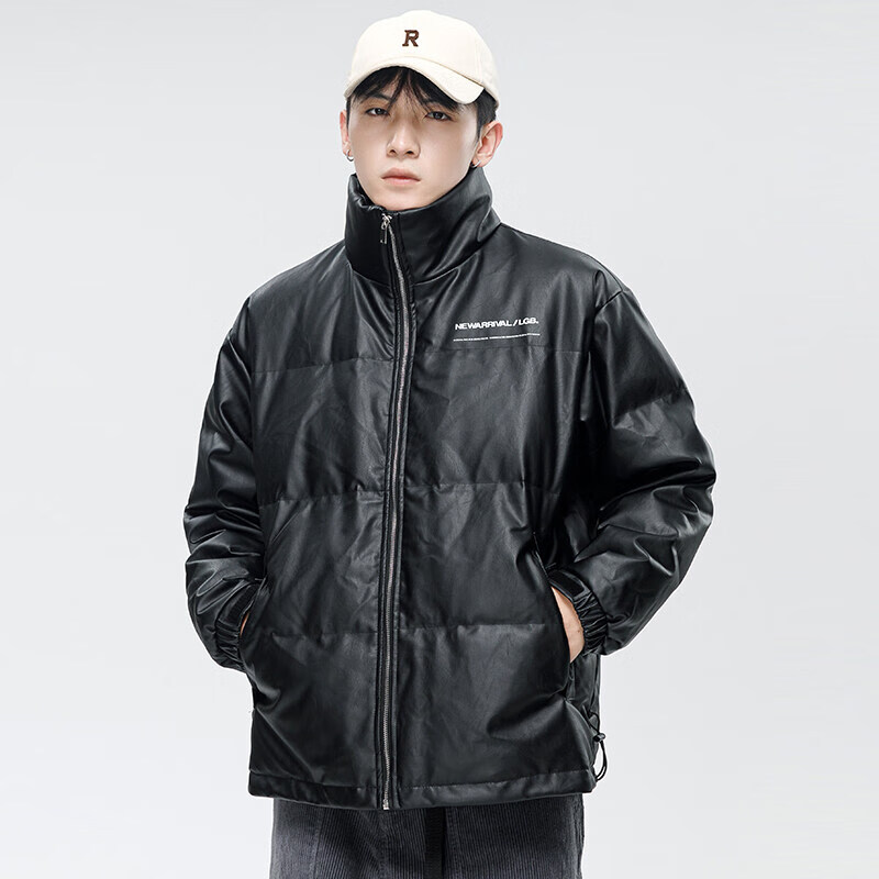 angelgonzales冬季羽绒服男士短款90白鸭绒pu皮上衣保暖潮牌外套 黑色