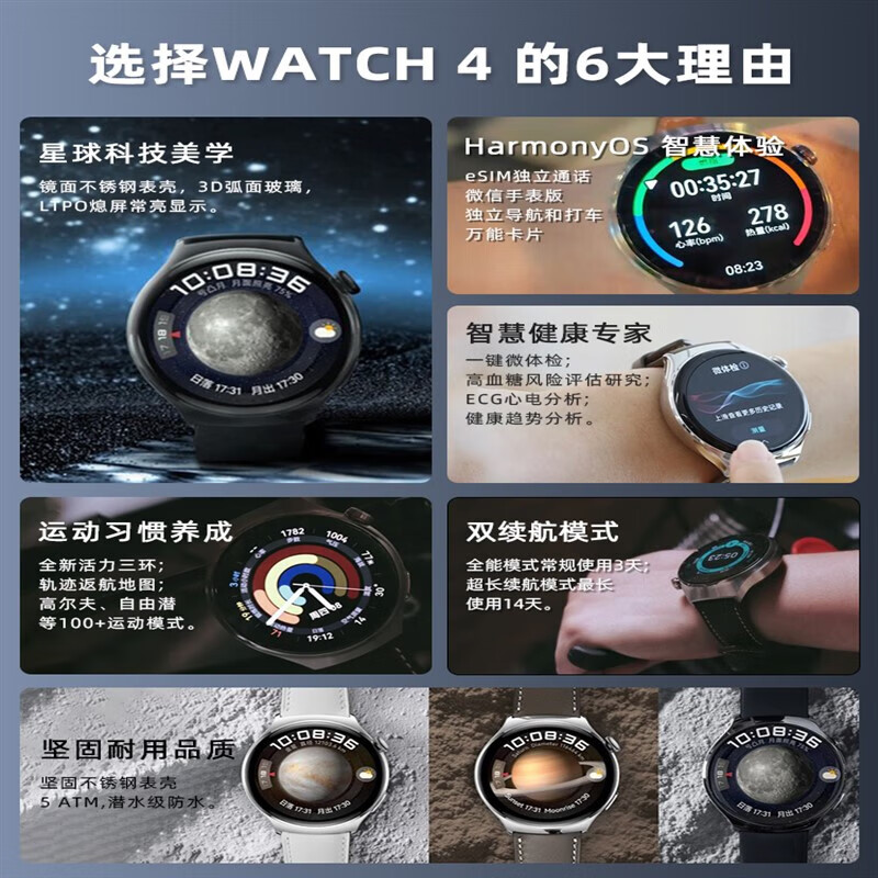 华为手表Watch4 Pro运动智能eSIM独立通话体温血糖 watch4 氟胶黑色表带