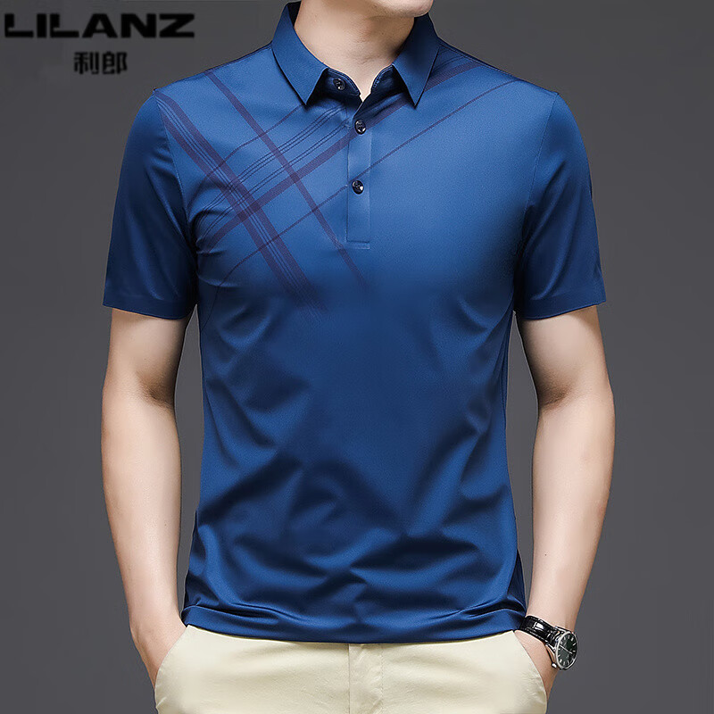 利郎男装2024短袖男士翻领桑蚕丝体恤夏季休闲薄款polo衫 6666海军蓝