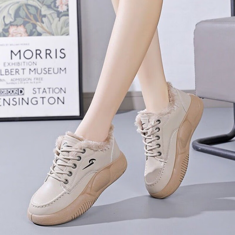 回力四季2025冬季皮面加绒加厚防滑保暖加绒休闲百搭高帮系带棉鞋女 卡其色 加绒 37 脚宽脚胖拍大一码