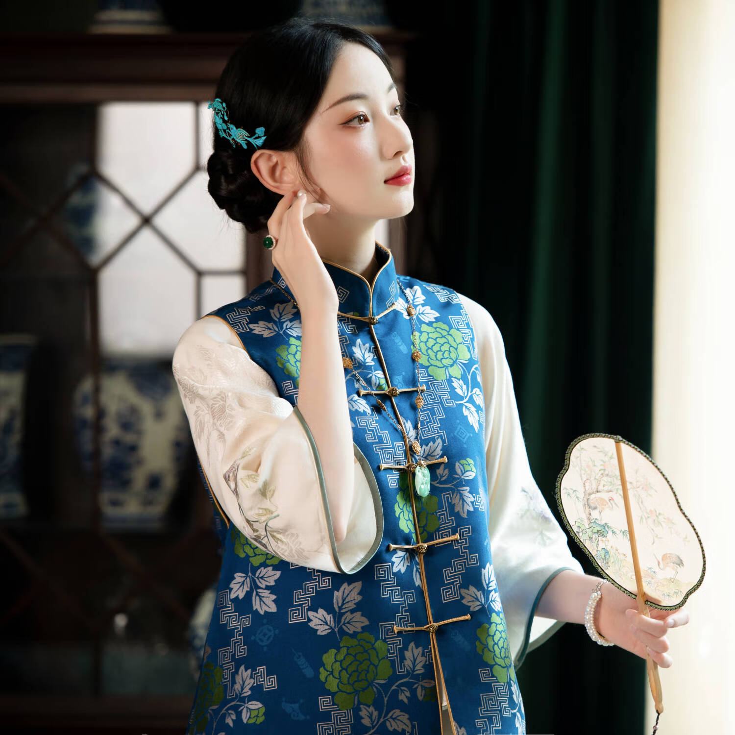 一城风絮丹青吟客丨原创设计秋款丨蓝色宋锦线香绲复古对襟民国风马甲