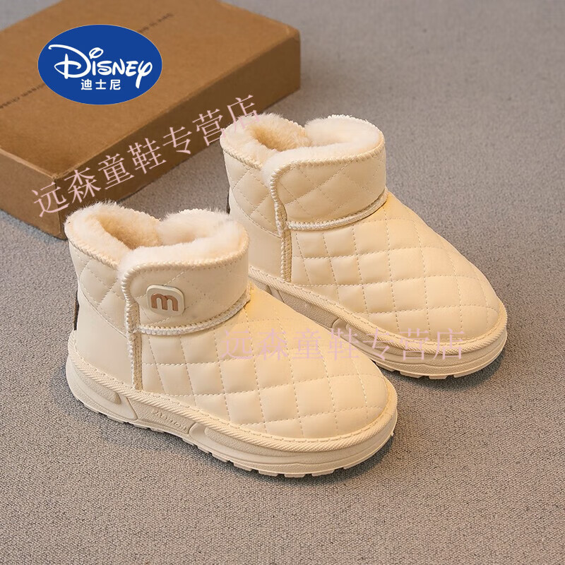 迪士尼（Disney）儿童雪地靴2023冬季新款男童鞋子女童靴子加厚雪地棉防水防滑棉靴 米色 34码内长20.5cm