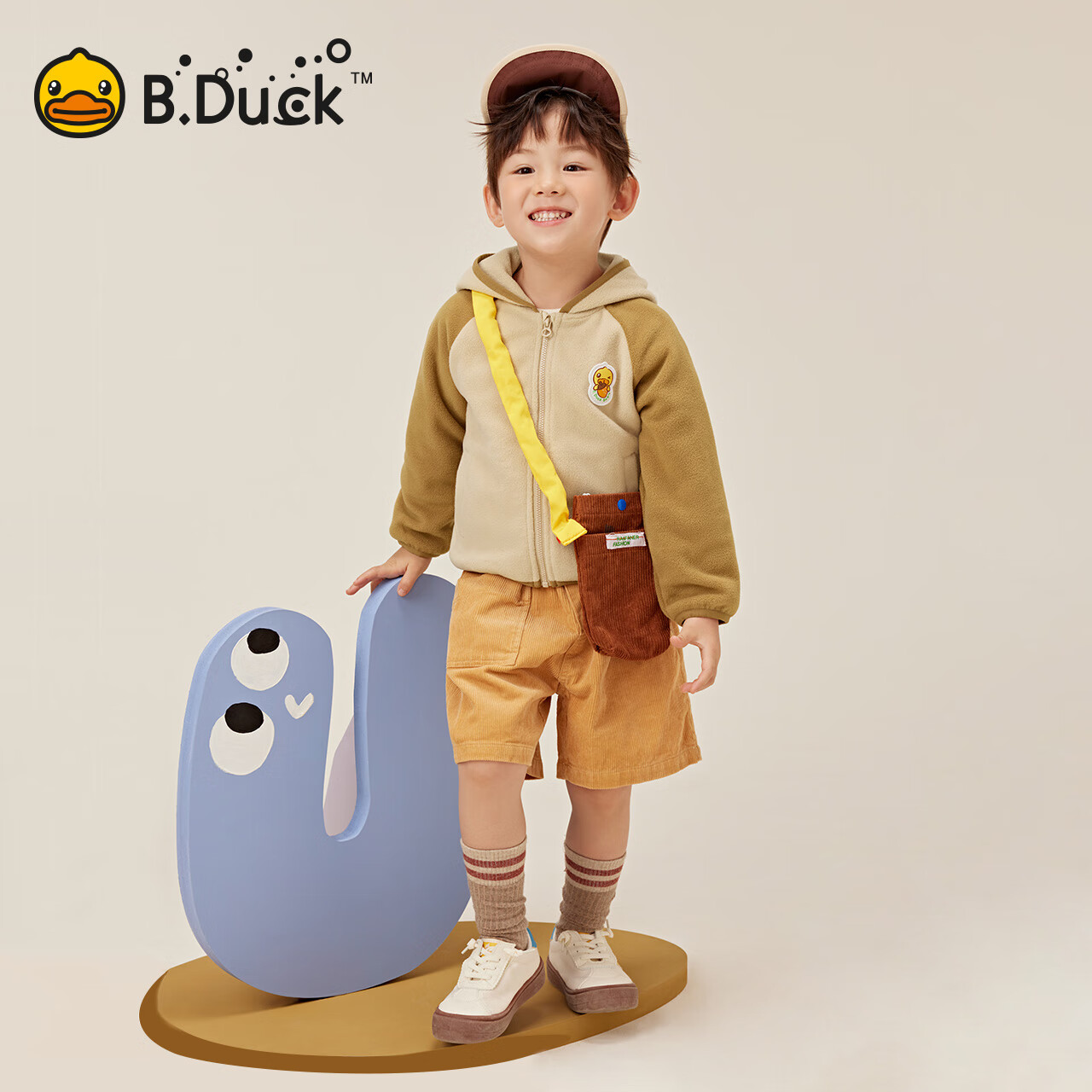 B.Duck小黄鸭童装儿童连帽外套保暖摇粒绒春秋男宝宝开衫 浅卡其 130 cm