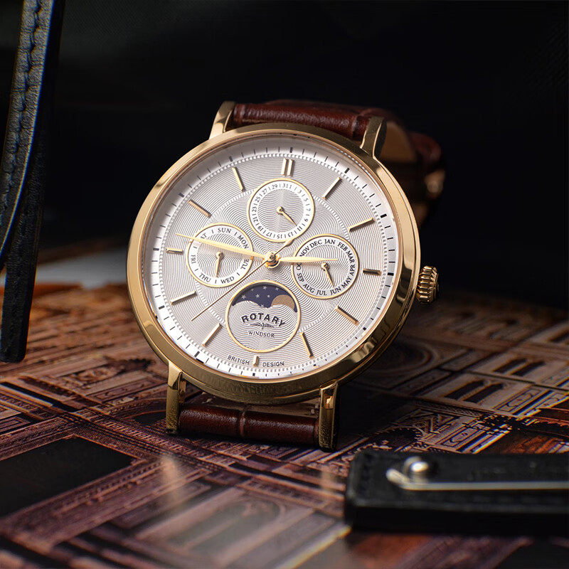 劳特莱（Rotary）英国温莎系列三眼男士手表商务休闲欧美石英腕表送男友生日礼物 GS05428/06