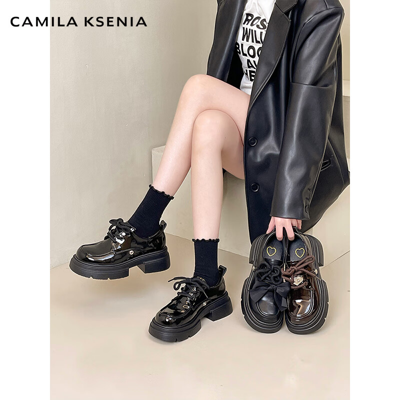 CAMILA KSENIA乐福鞋女夏季2026新款蝴蝶结厚底增高小皮鞋英伦风复古玛丽珍鞋子 亮棕色 37