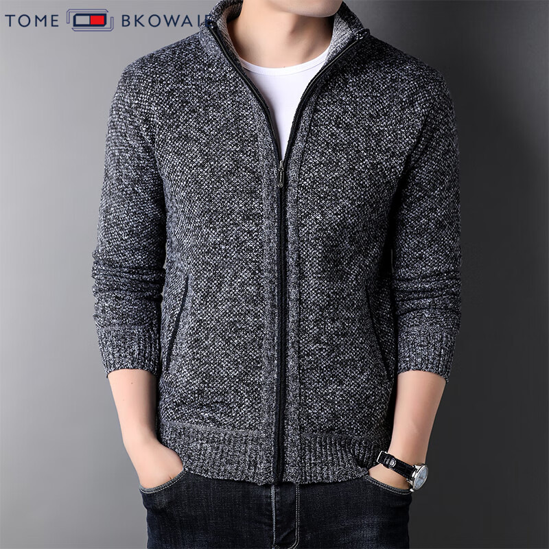 汤米芙兰可加绒加厚针织外套男2025年秋冬新款商务休闲保暖宽松毛衣开衫 深灰加绒 XL (175)(建议140-155斤)