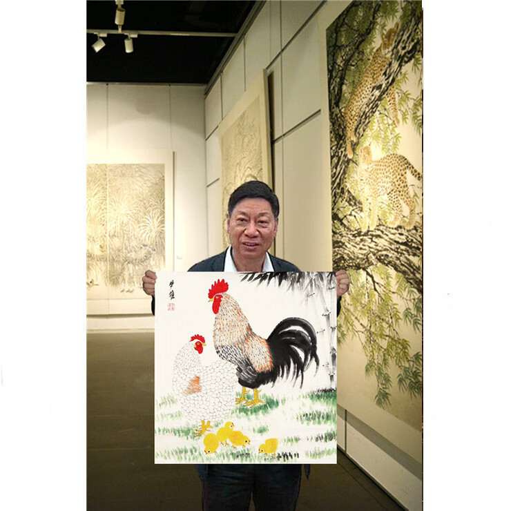 手绘国画名家大师方楚雄精品斗方鸡图客厅装饰挂收藏带带证书合影