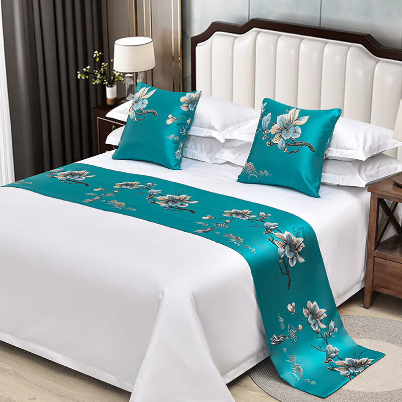 巾民宿宾馆酒店轻奢高端现代网红床围巾床搭巾 驼色 绿树枝花 床尾巾