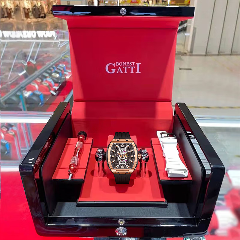 布加迪（BONEST GATTI）德国手表男士全自动防水夜光机械表情人节礼物送男友酒桶型腕表 BG5601-A2玫壳黑面黑胶带