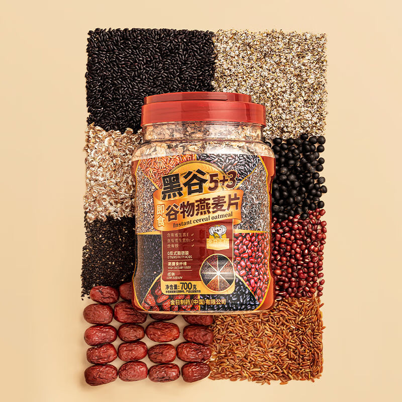 金日禾野+谷物燕麦片早餐即食冲饮无加蔗糖五黑冲泡健身营养品 罐装 燕麦700g1罐