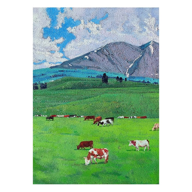 艺幻草原自然风景手绘油画治愈系群山牛群客厅装饰画卧室丙烯肌理挂画