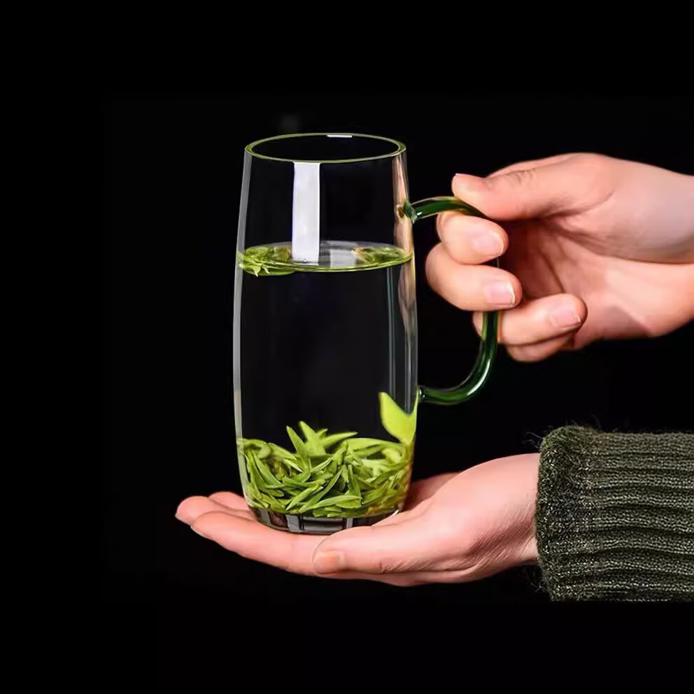 高硼硅玻璃绿茶杯大容量水杯泡花茶玻璃杯带把手家用玻璃杯 350毫升 透明色