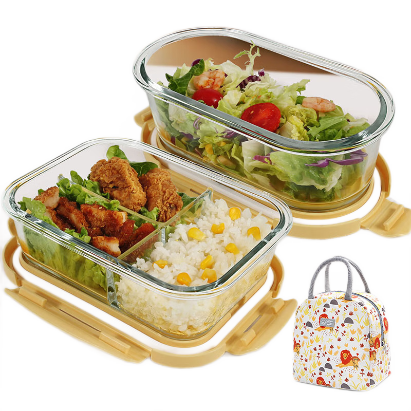 創(chuàng)得耐熱玻璃保鮮盒上班族微波爐飯盒分隔碗便當(dāng)盒奶黃3隔1000+800+包