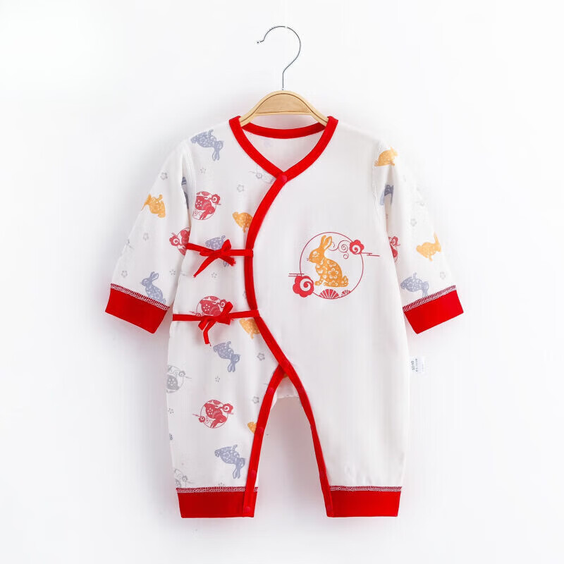 礼红色爬服初生宝宝春季连体衣婴幼儿a类春夏衣服 国风剪纸兔蝴蝶衣