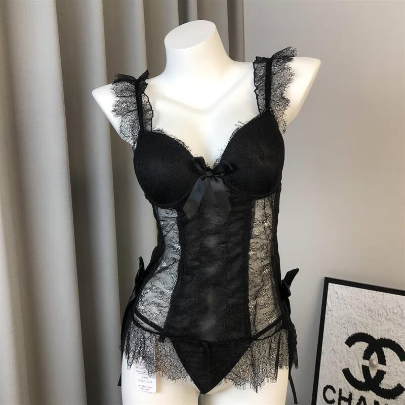 性感约会激情免脱诱惑网纱小胸显大纯欲蕾丝吊带睡衣 黑色马甲内裤