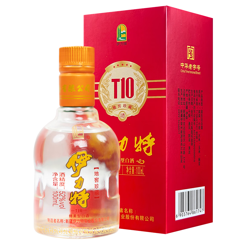 伊力特52度伊力特T10珍藏 新疆绵柔浓香型白酒 酒厂直供纯粮酒口粮送礼 52度 100mL 1瓶 单瓶装