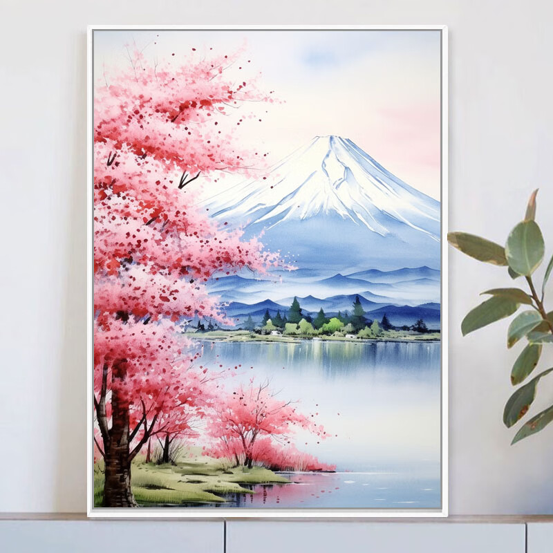 佳彩天颜水彩风富士山樱花 diy数字油画风景涂鸦填色丙烯画客厅装饰
