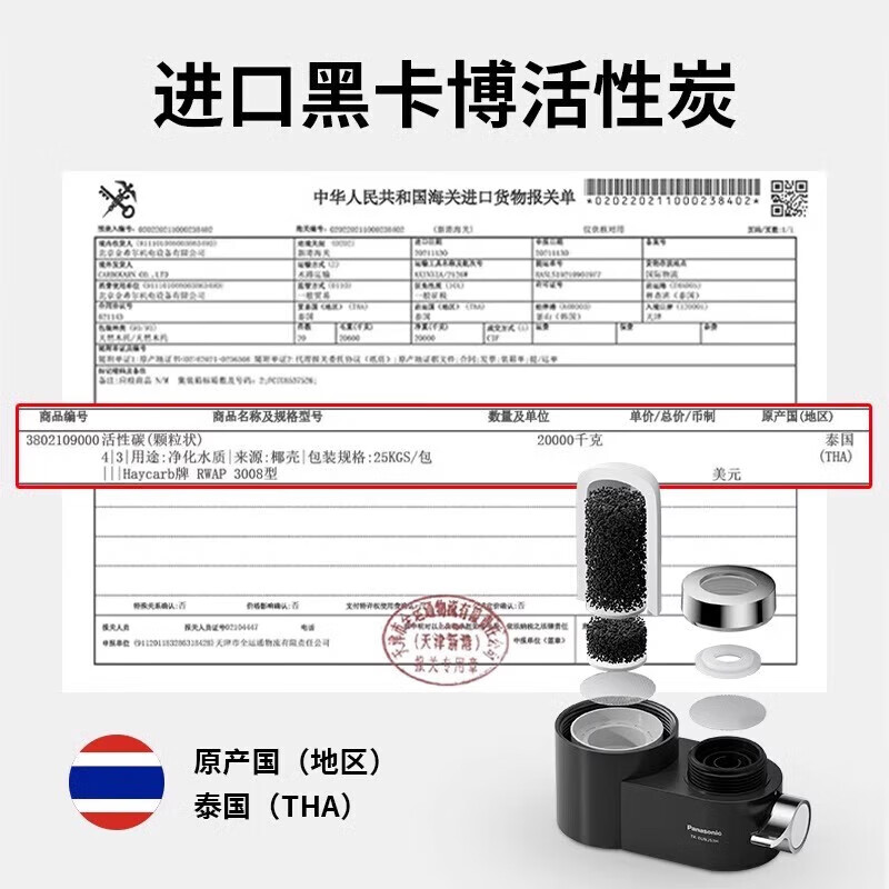 松下净水器家用水龙头过滤器自来水卫生间厨房净水不插电过滤器大流量进口活性炭除氯除味TK-EUNJ53H/B 进口黑博卡碳【1机6芯】白色