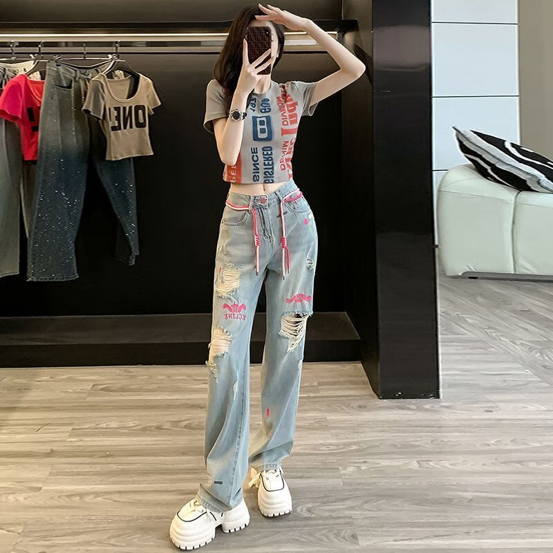 wait await牛仔套装女中性风穿搭酷帅雅痞潮牌时尚休闲运动夏炸街短款