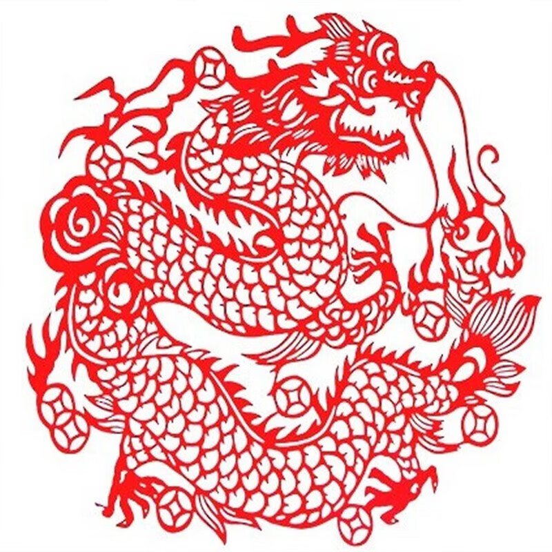 生肖龙年贴纸图腾墙贴龙画贴纸中国龙剪纸窗花玻璃贴58x5 红色金钱龙