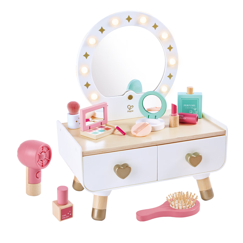 Hape(德国)儿童过家家玩具仿真吹风机闪耀梳妆台女孩儿童节礼物E3219