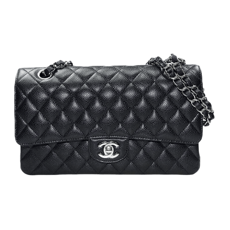香奈儿(CHANEL)女包 推荐礼物 经典CF 荔枝牛皮 单肩链条包 斜挎包 中号 黑色【银扣】 长26 x 宽7 x 高16 cm