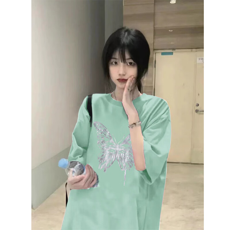 LDBE绿色纯棉短袖t恤女夏季新款美式复古宽松oversize慵懒风半袖上衣 薄荷绿色【纯棉】 M（80-100斤）