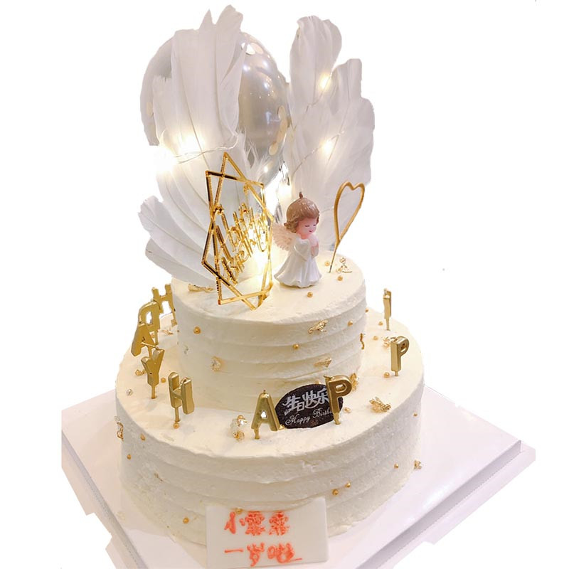 抖音网红气球少女心天使翅膀生日蛋糕儿童女孩全国同城配送 双层w款