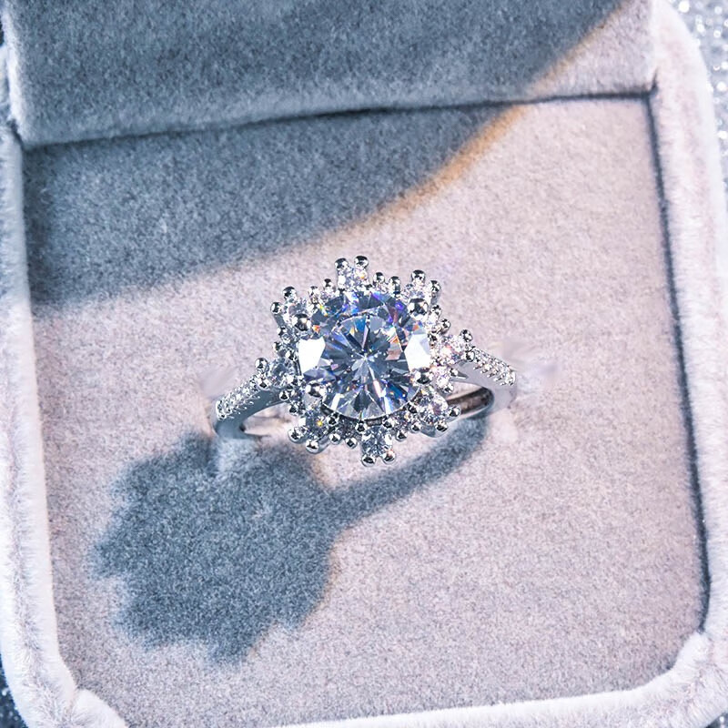 dr莫桑钻石雪花活口戒指订婚女 白金色开口可调节