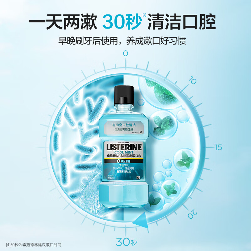 李施德林（Listerine）漱口水冰蓝零度清新口气深层清洁减少细菌500mL*3瓶