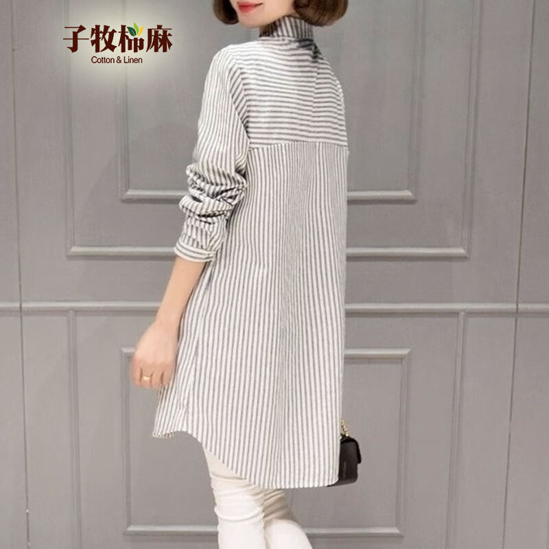 子牧棉麻秋装 女文艺民族风条纹衬衫上衣宽松显瘦长袖刺绣衬衣9009 灰白条纹 XL(建议125-135斤)