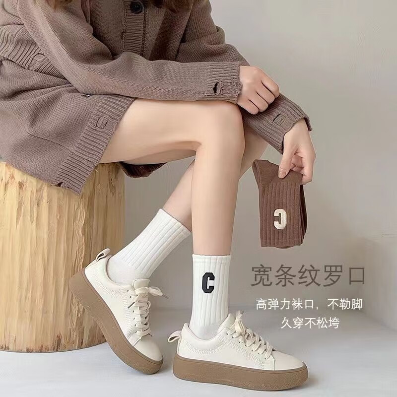欧蓝薇雅女士中筒袜百搭简约春秋薄款韩版时尚长袜学生少女生休闲大C袜子 颜色混搭 10双