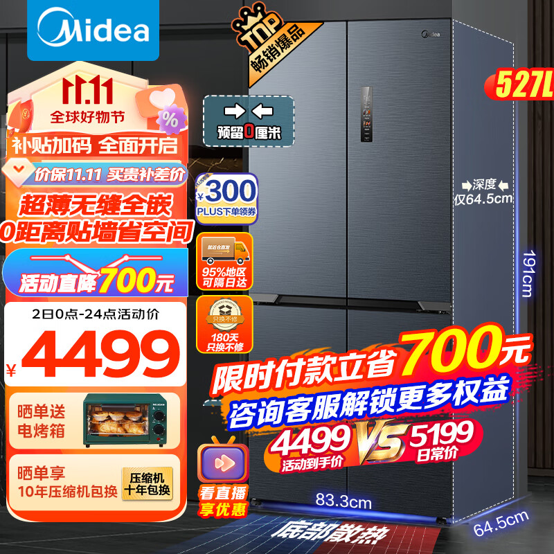 美的（Midea）【无缝全嵌系列】553十字门四开门超薄嵌入式527升大容量一级能效节能变频风冷无霜净味家用电冰箱 MR-553WUSPZE 青城灰使用感如何?