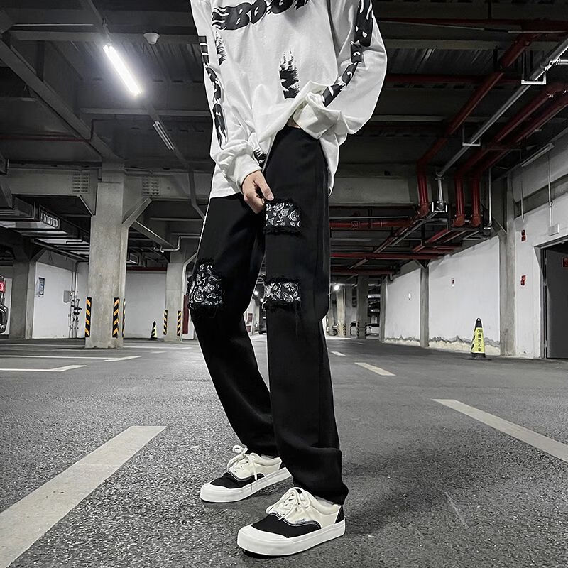 野颂高街牛仔裤微喇抽绳松紧腰裤子美式oversize复古男破洞潮牌个性痞