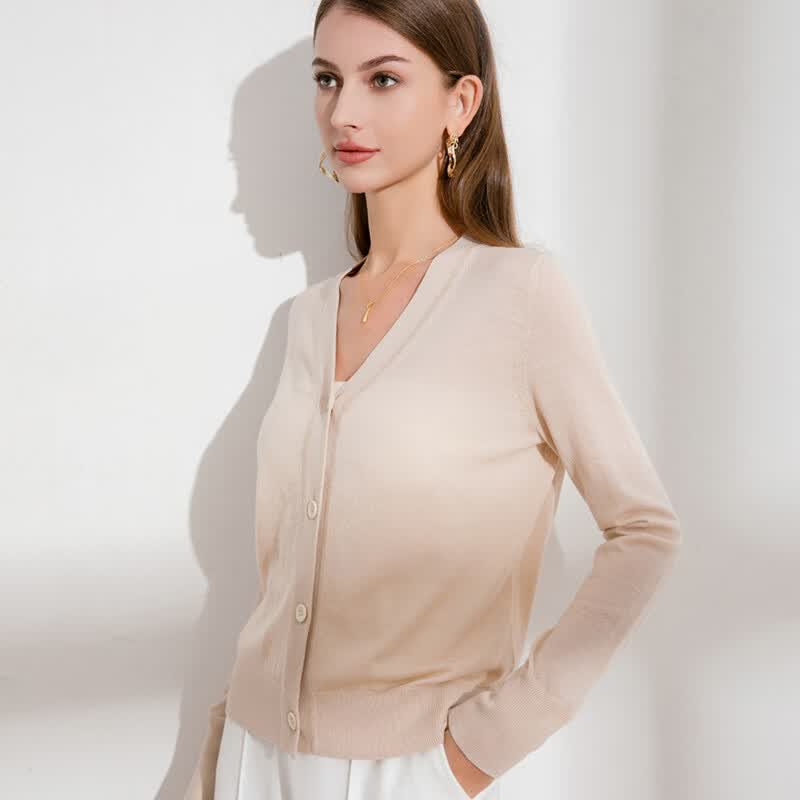 德凯佳新款v领春夏针织衫外搭开衫纽扣纯色长袖外套上衣羊毛衫 米白 S