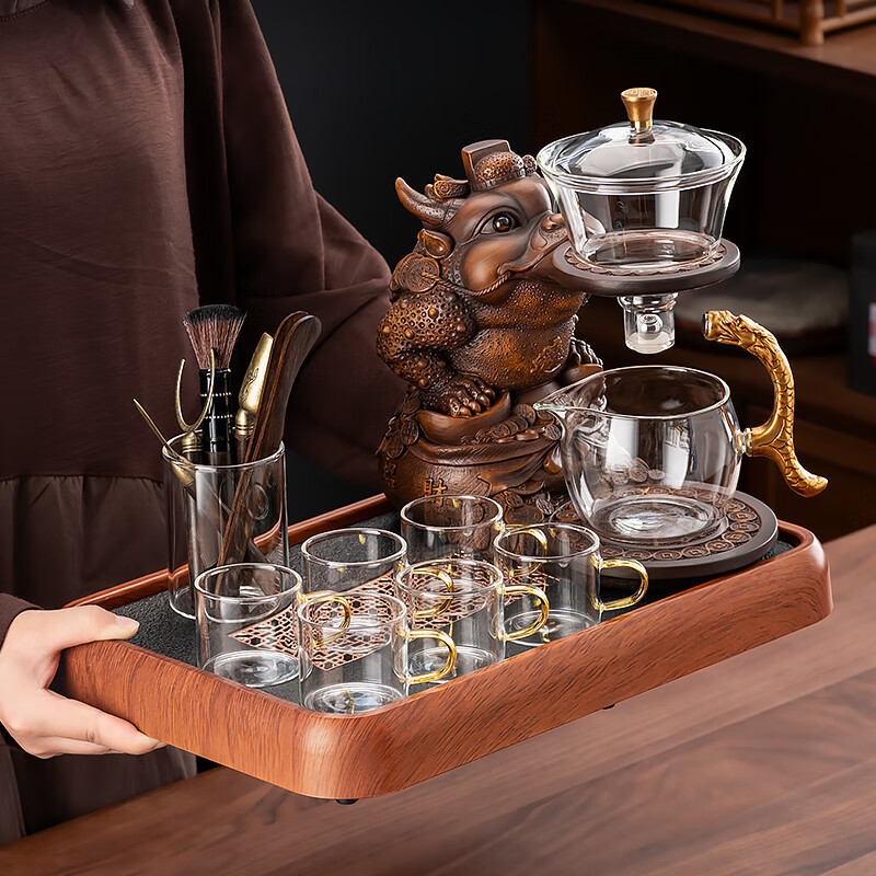 心茧玻璃自动茶具套装办公高档整套懒人防烫泡茶壶功夫杯加厚耐热商务 自动（进宝金蟾）+六金把杯