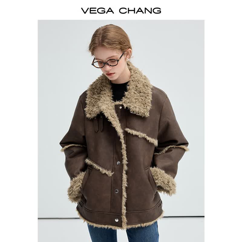 VEGA CHANG短外套女2025年秋冬季新款美拉德翻领皮毛一体机车夹克 机车棕 M