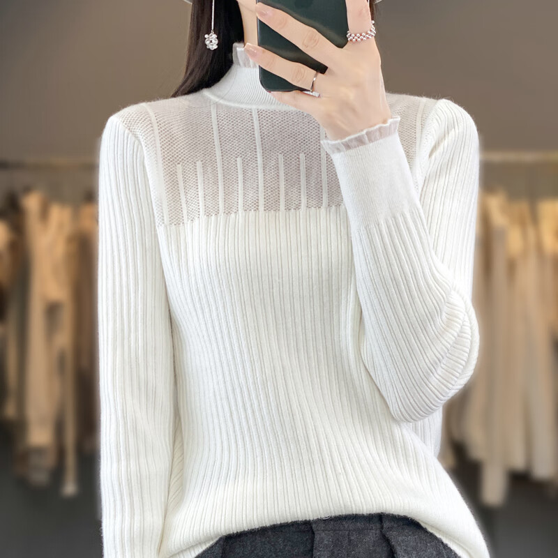香影纯2025秋冬新款荷叶蕾丝花边半高领打底衫女长袖修身洋气内搭毛衣女 米色 S (建议95斤以内)