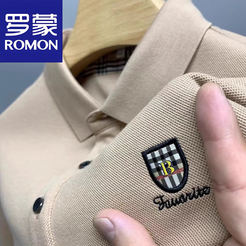 罗蒙（ROMON）重磅纯棉长袖t恤男士翻领休闲运动POLO保罗衫有领春秋装上衣宽松 杏色 175/XL【建议体重145-155斤】