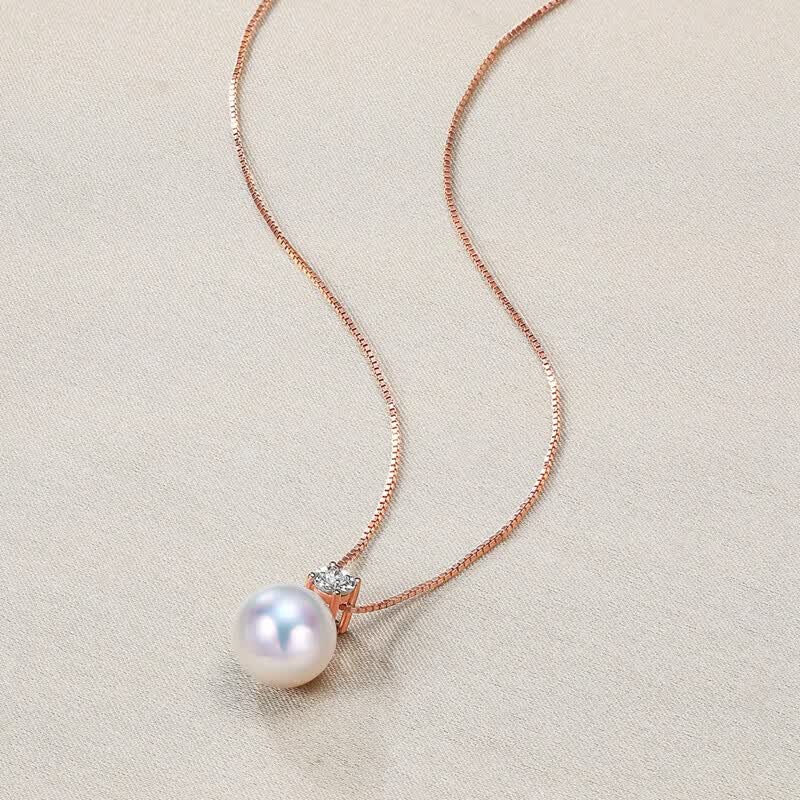 珍珠皇后Akoya海水珍珠项链18K金镶钻石吊坠戴妃款生日礼物送女朋友 玫瑰色18K金【9-10mm】