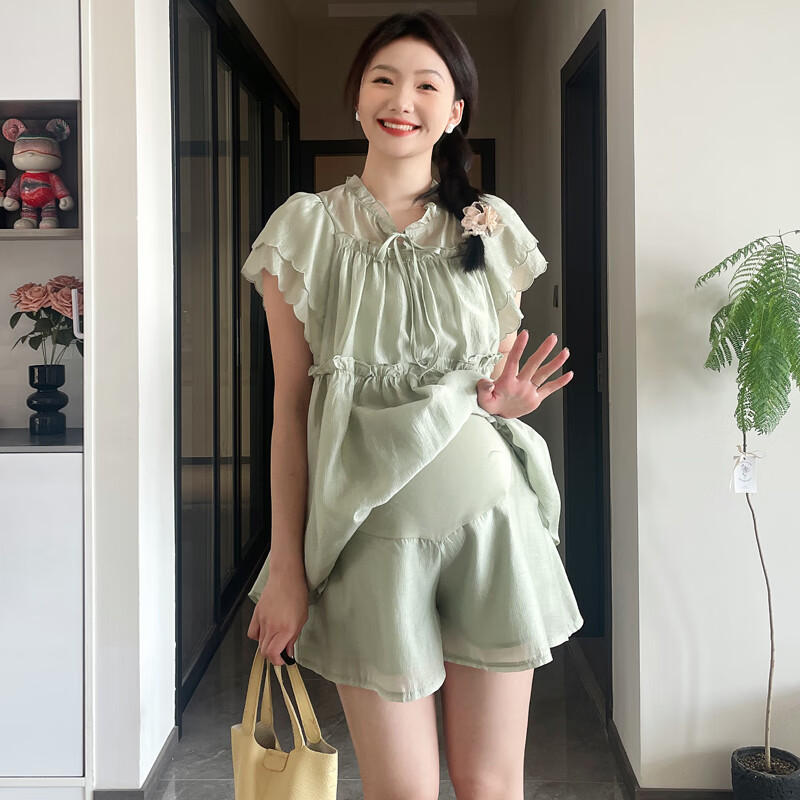刘潮布孕妇套装雪纺angel妈咪~网红孕妇装夏季套装薄款雪纺短袖宽松