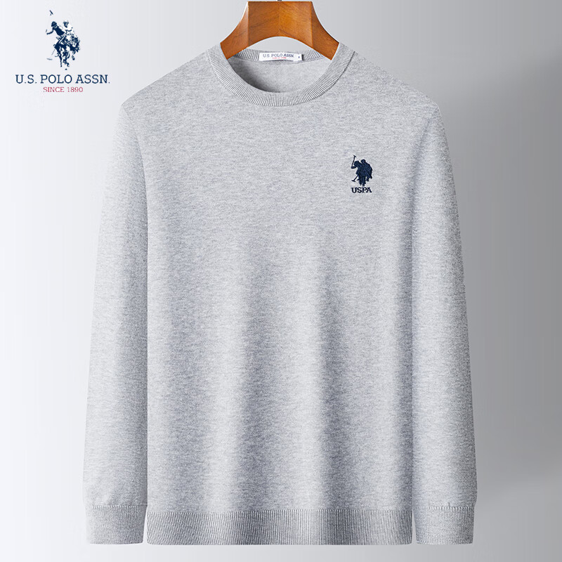 U.S. POLO ASSN.保罗针织衫男休闲时尚圆领毛衣男秋季款男式针织衫 浅灰 L 170（120-135斤左右）