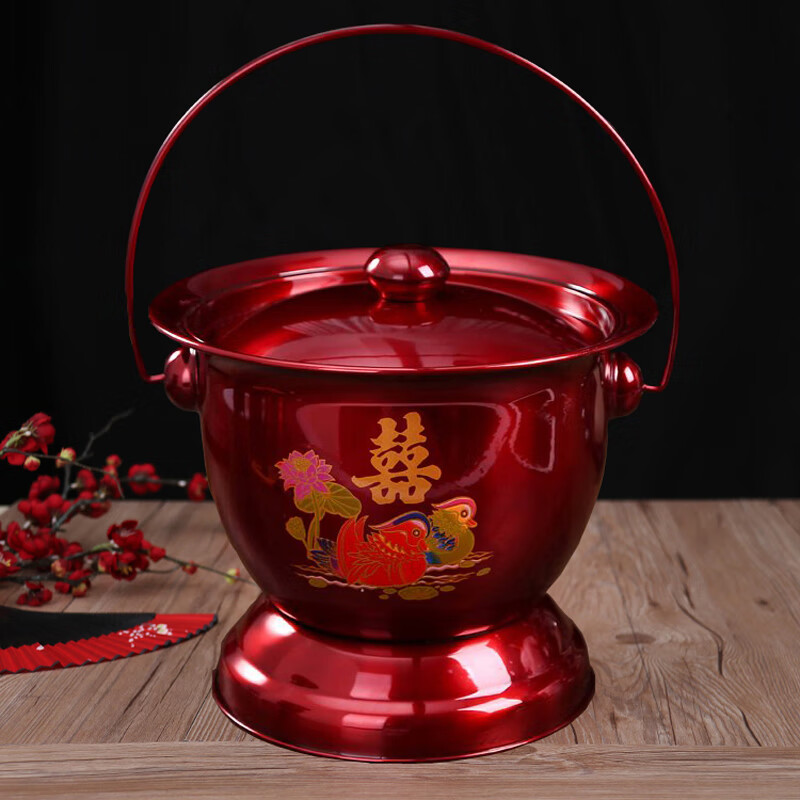 霜魄 痰盂成人尿桶不锈钢结婚红色手提带盖仿搪 手提鸳鸯痰盂一个带盖