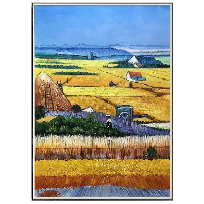米聆 入户玄关过道装饰画梵高丰收手绘高端油画金色麦田竖版巨幅落地