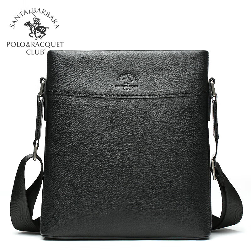 圣大保羅（POLO&RACQUETCLUB）（POLO&RACQUETCLUB）單肩包男真皮休閑男包斜挎商務(wù)頭層牛皮斜肩 黑色