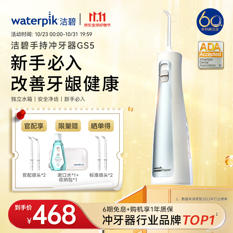 洁碧（Waterpik）冲牙器 便携式电动洗牙器水牙线洁牙器 家用立式预防牙结石正畸适用 全身水洗极光系列GS5 蓝属于什么档次？
