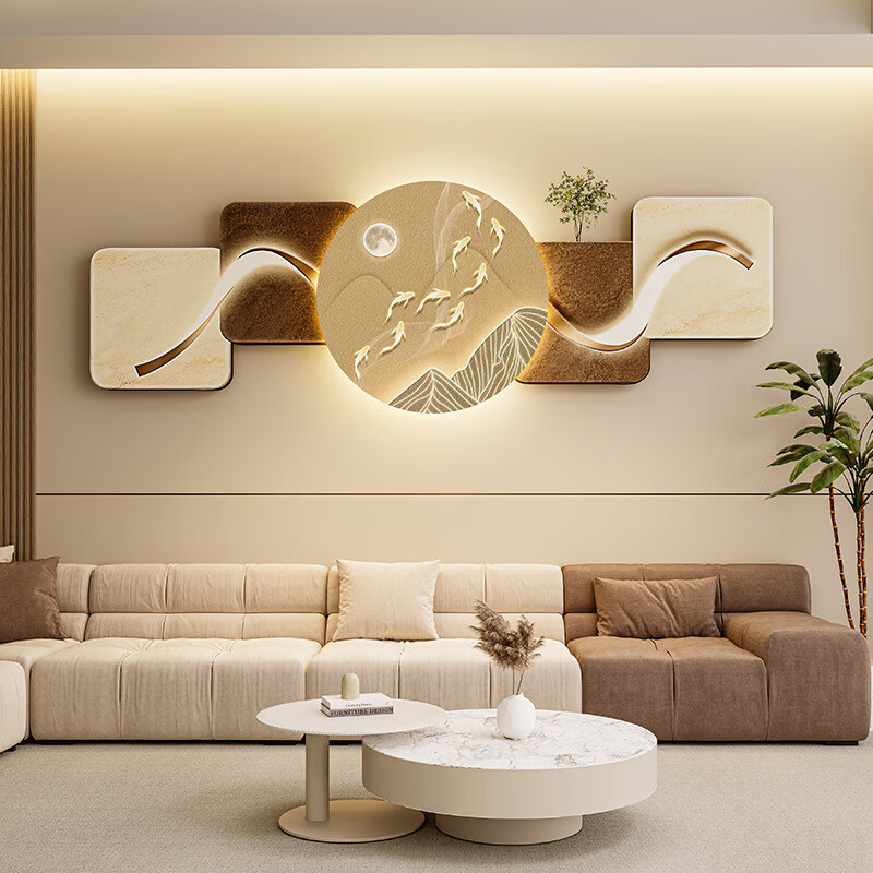 客厅装饰画现代简约沙发背景墙挂画LED灯光画侘寂风免打孔壁画 鎏金款-福鹿生财 遥控灯带充电宝大款70*210cm