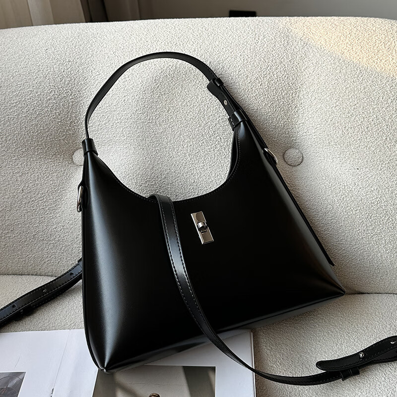 mospoke春夏新款女包质感牛皮单肩包时髦百搭手提腋下包包潮 黑色